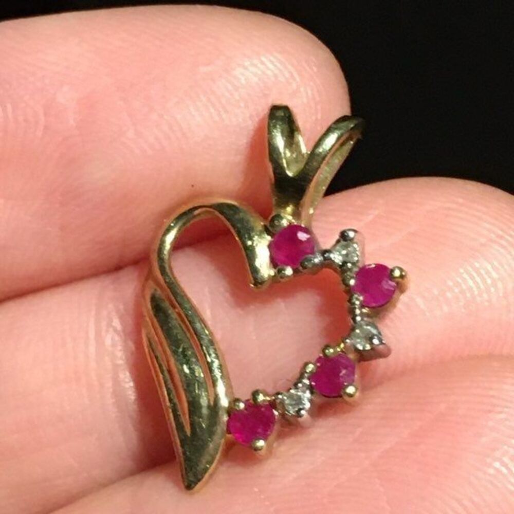 Solid 10k Yellow Gold Genuine Ruby Diamond Heart … - image 3